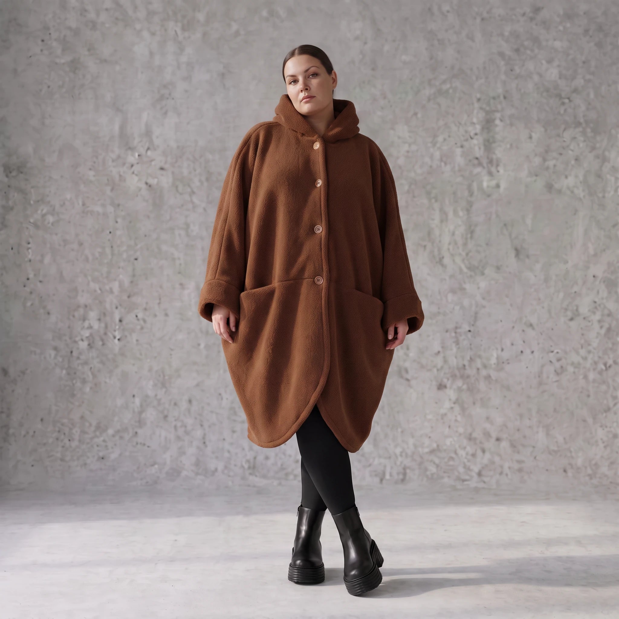 Teddymantel in Beige mit Kapuze Knopfverschluss Taschen und geradem Schnitt warm weich