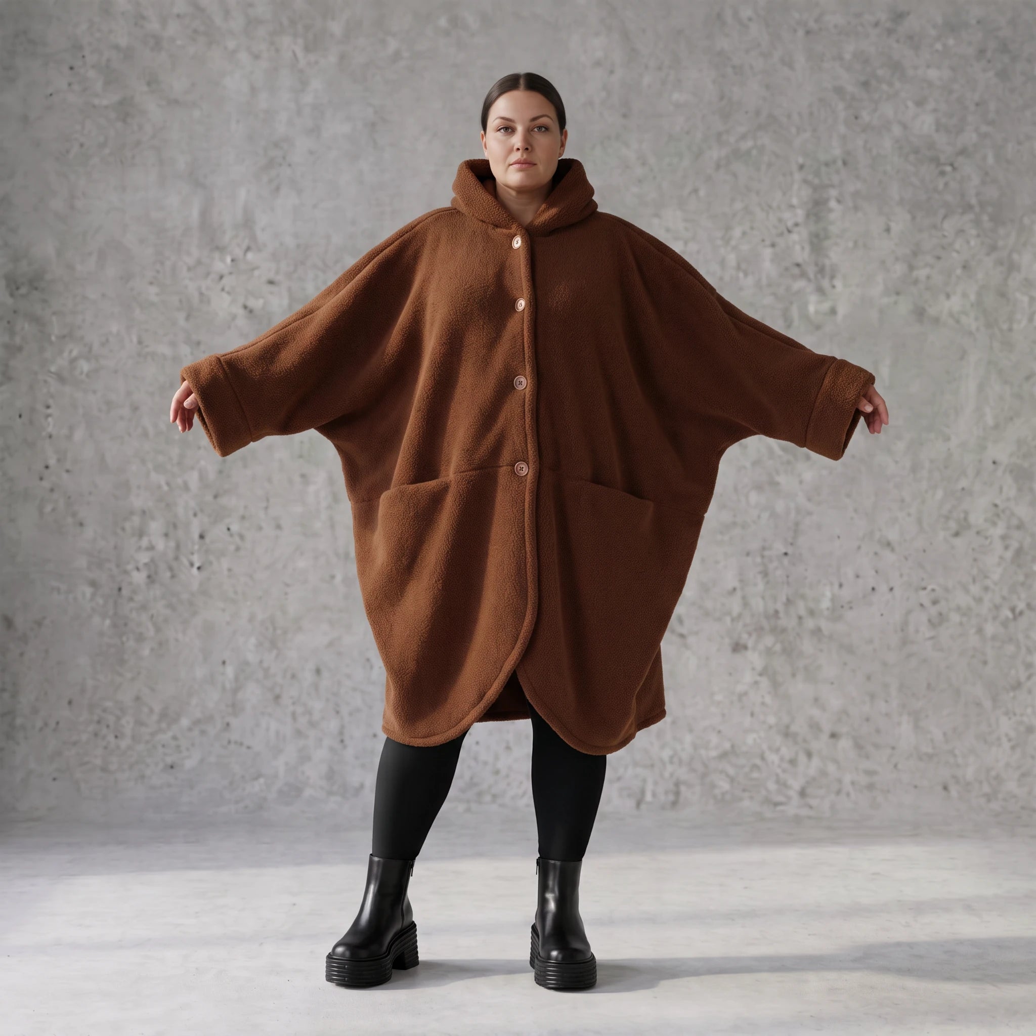 Teddymantel in Beige mit Kapuze Knopfverschluss Taschen und geradem Schnitt warm weich
