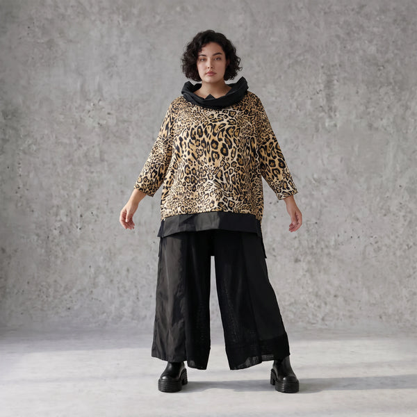 Damen Shirt Avantgarde Viskose Schwarz/Braun, asymmetrisch, Langarm, Kapuze, Oversize große Größen – AKH Premium