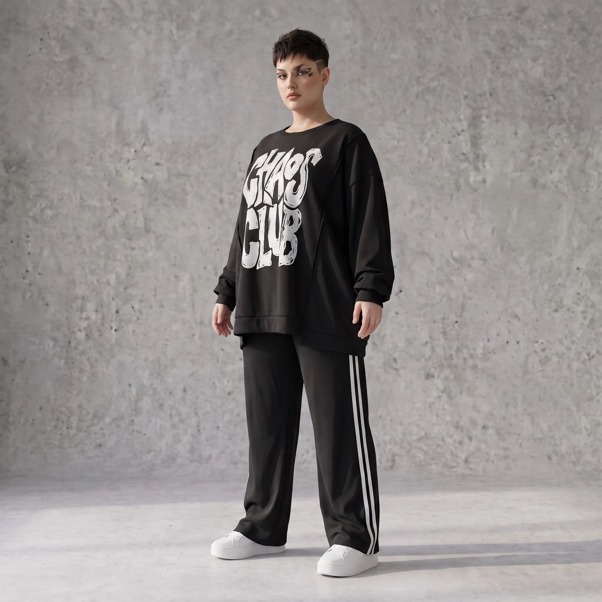 Statementshirt aus French Terry mit Chaos Club Print kastig und vorne kürzer geschnitten