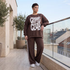 Braunes Sweatshirt mit Chaos Club Print aus French Terry und sichtbaren Außennähten