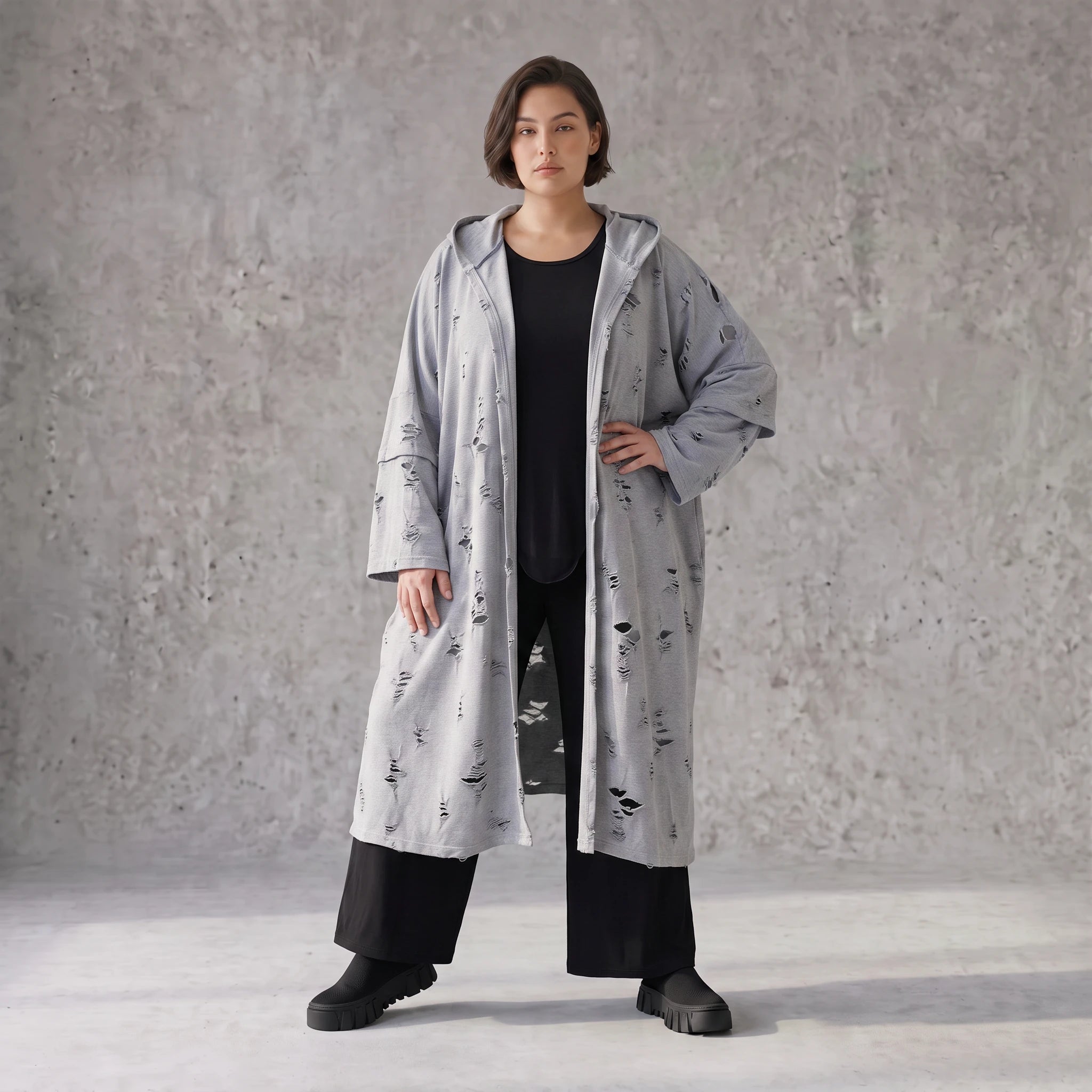 Jerseycardigan in Dusty Grey mit Kapuze aus Baumwolle und Elasthan mit geradem Schnitt