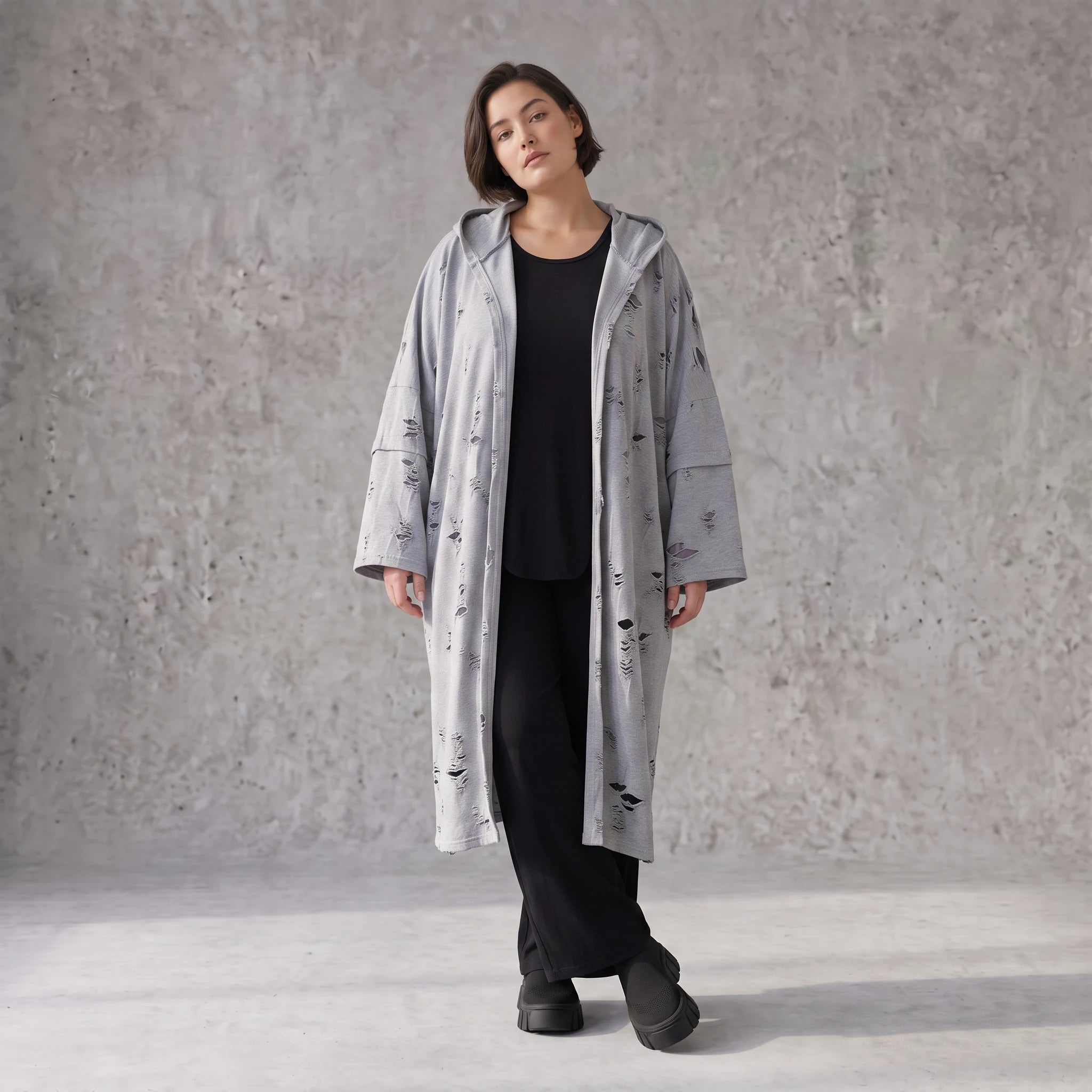 Jerseycardigan in Dusty Grey mit Kapuze aus Baumwolle und Elasthan mit geradem Schnitt