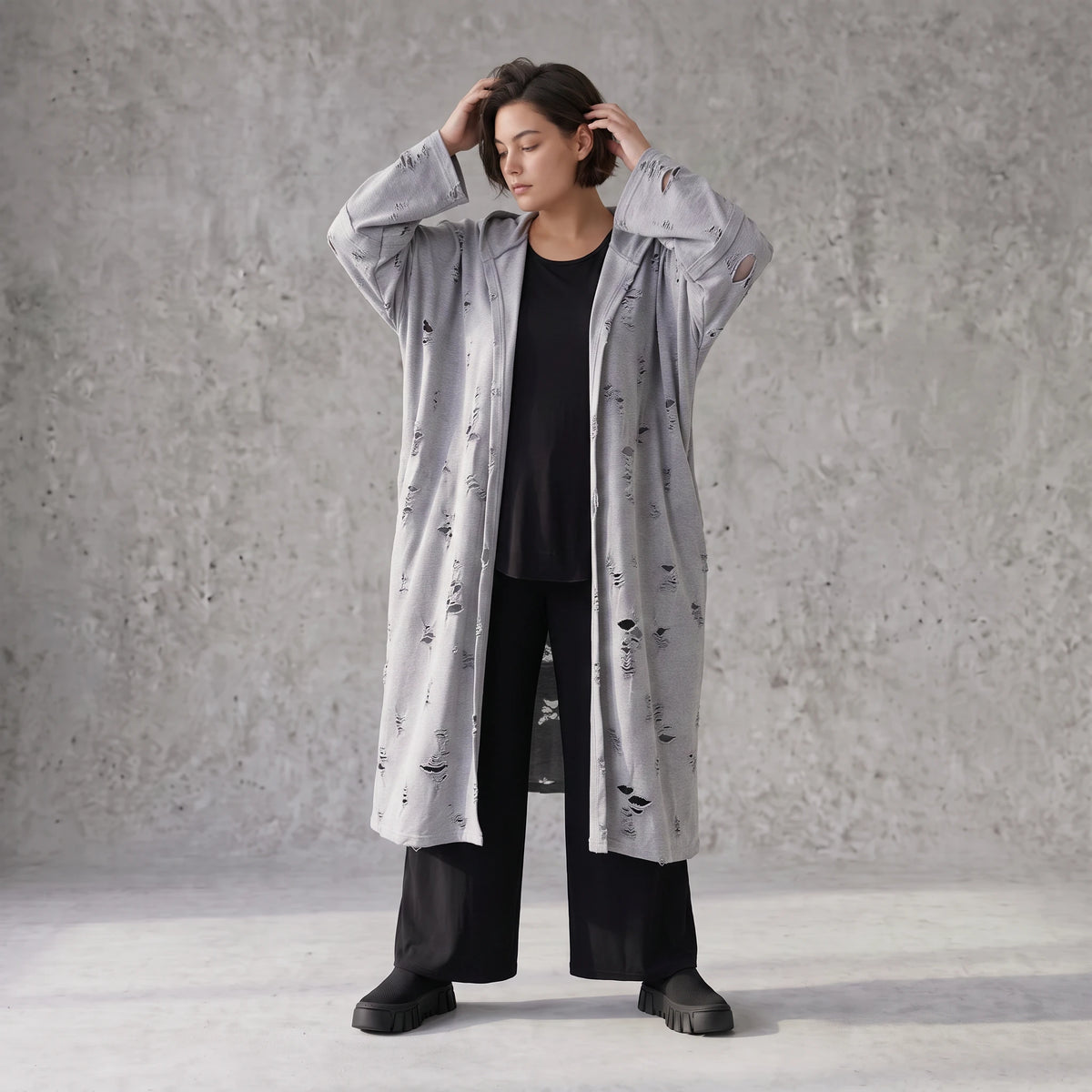 Jerseycardigan in Dusty Grey mit Kapuze aus Baumwolle und Elasthan mit geradem Schnitt