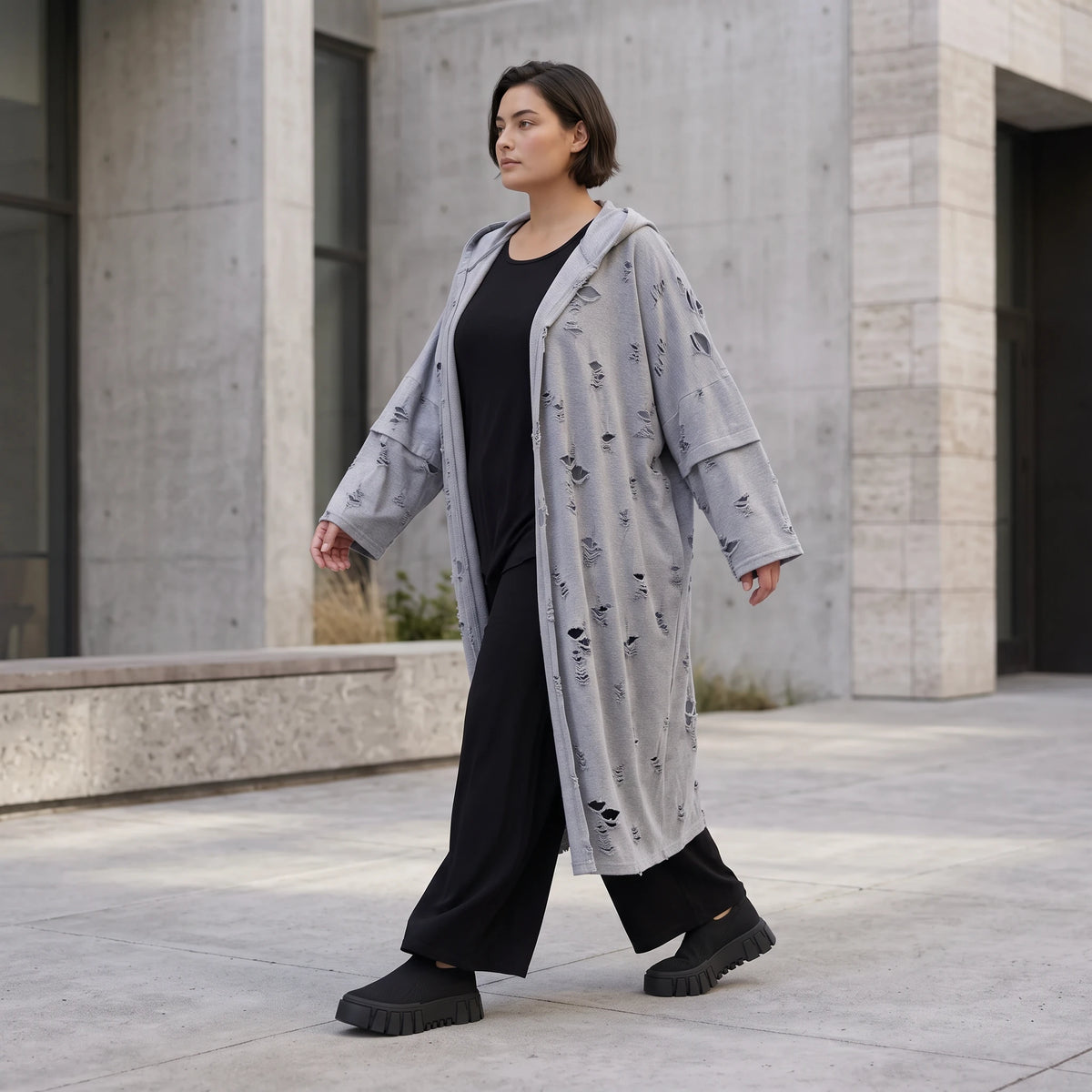 Jerseycardigan in Dusty Grey mit Kapuze aus Baumwolle und Elasthan mit geradem Schnitt