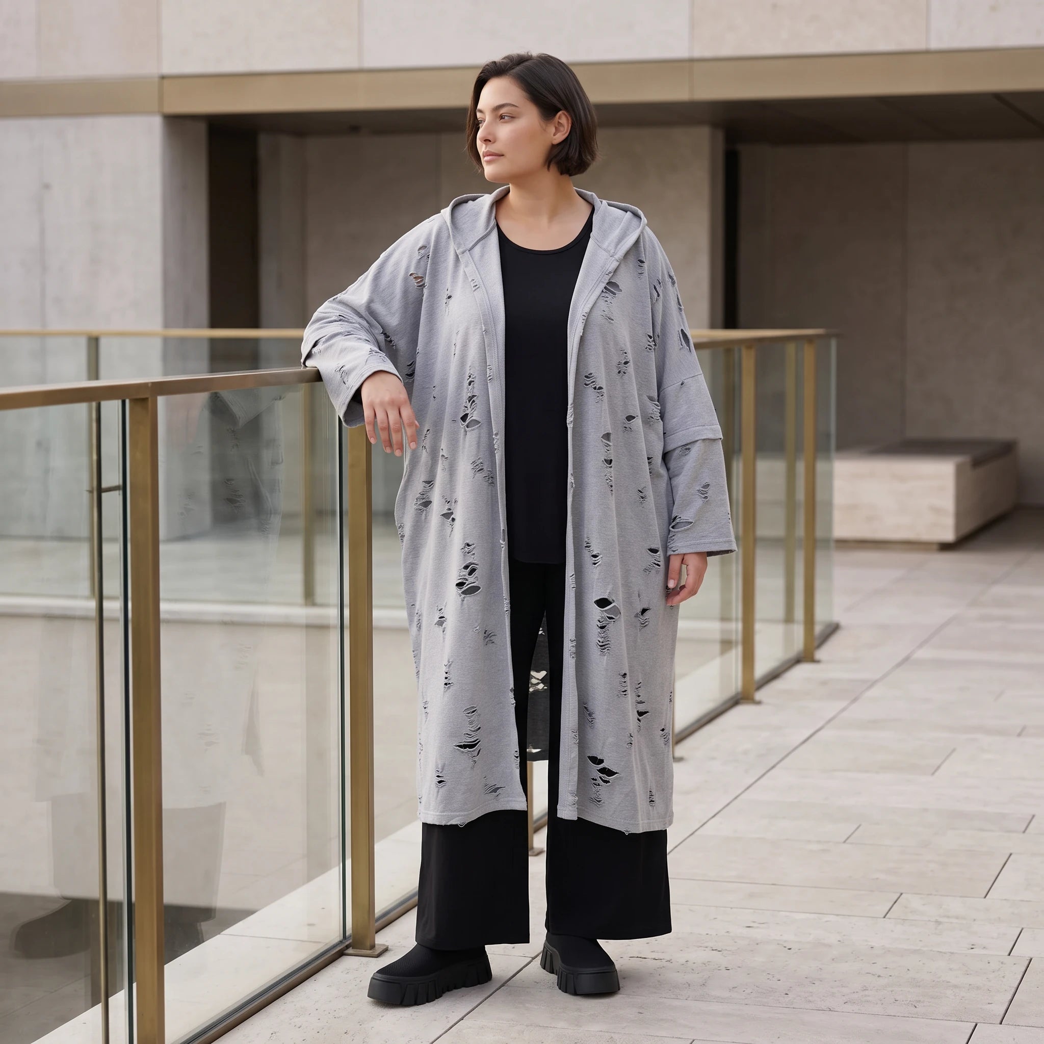 Jerseycardigan in Dusty Grey mit Kapuze aus Baumwolle und Elasthan mit geradem Schnitt