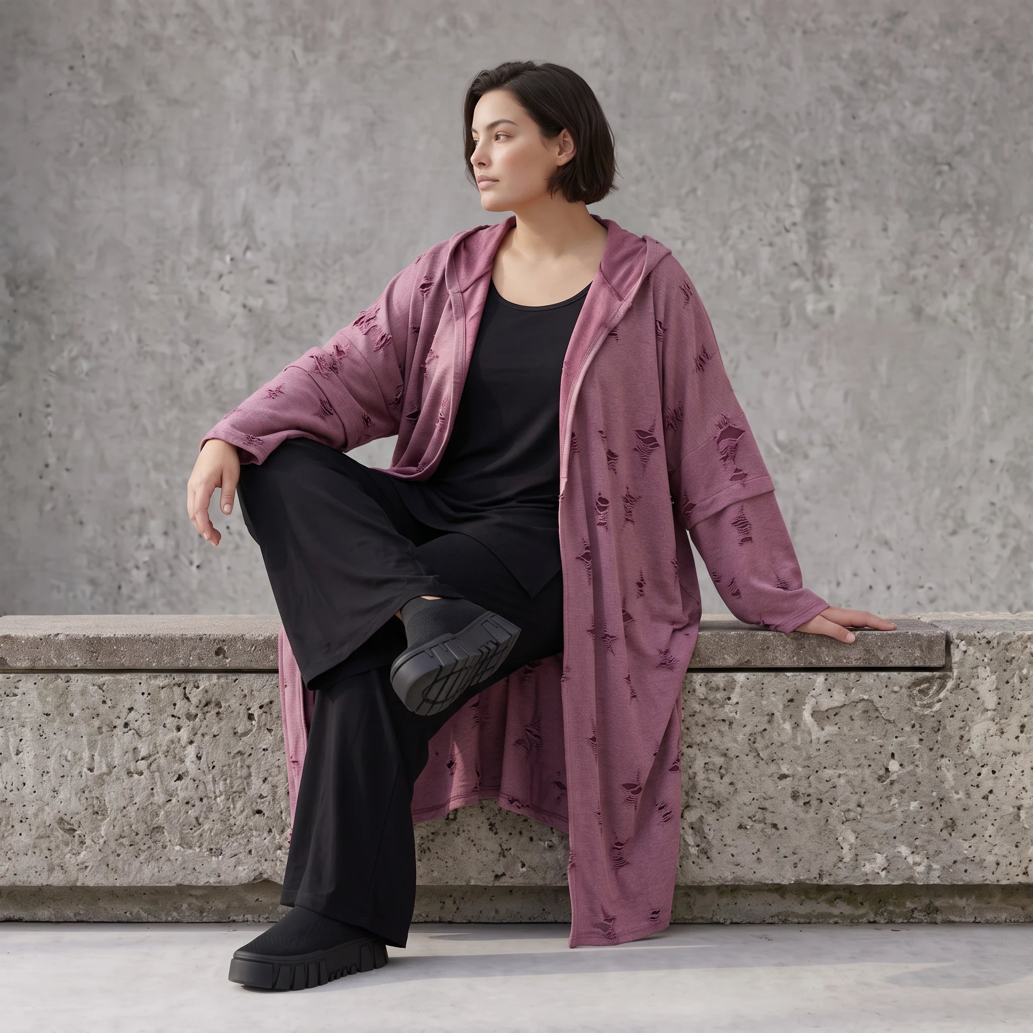 Offener Kapuzencardigan in Weinrot weich leicht und gerade geschnitten für Winterlooks