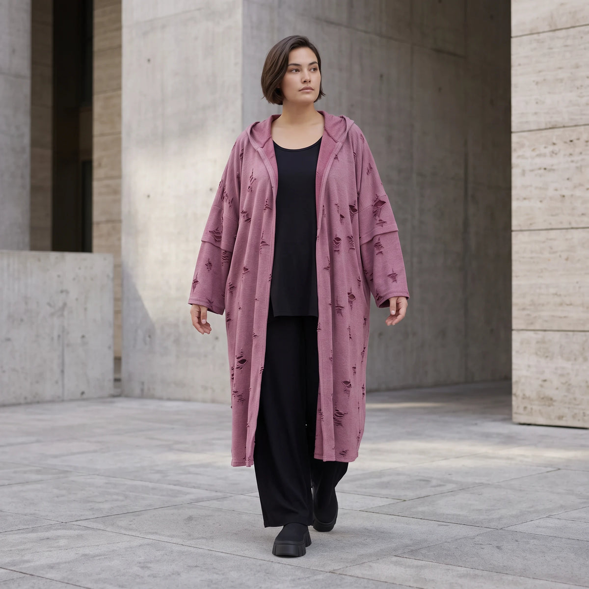 Offener Kapuzencardigan in Weinrot weich leicht und gerade geschnitten für Winterlooks