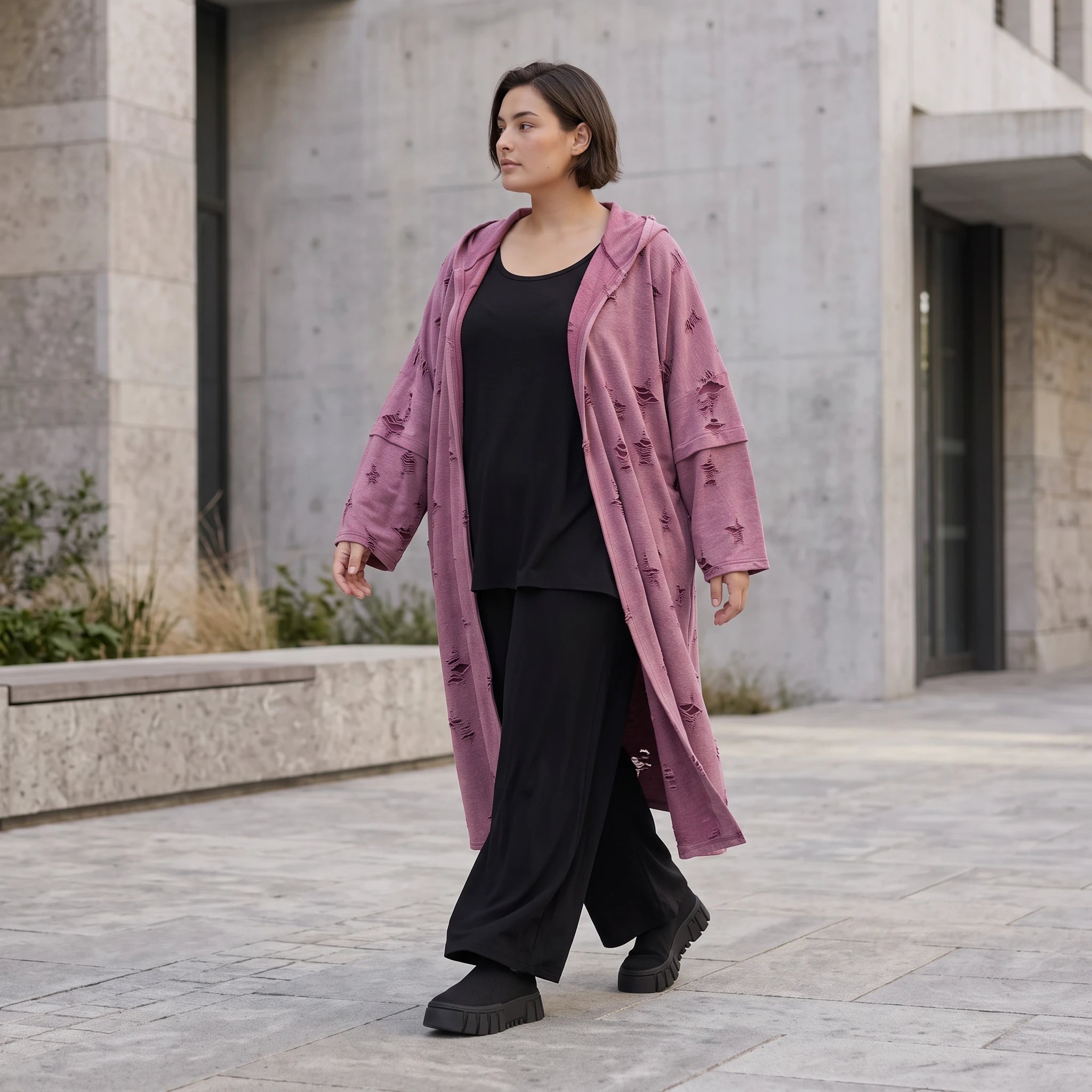 Offener Kapuzencardigan in Weinrot weich leicht und gerade geschnitten für Winterlooks