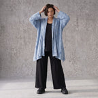 Jeansblauer Jersey Cardigan in A-Linie mit Sternenprint im Destroyed-Look offen locker