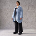 Jeansblauer Jersey Cardigan in A-Linie mit Sternenprint im Destroyed-Look offen locker