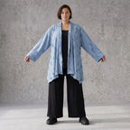 Jeansblauer Jersey Cardigan in A-Linie mit Sternenprint im Destroyed-Look offen locker