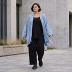 Jeansblauer Jersey Cardigan in A-Linie mit Sternenprint im Destroyed-Look offen locker