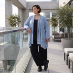 Jeansblauer Jersey Cardigan in A-Linie mit Sternenprint im Destroyed-Look offen locker
