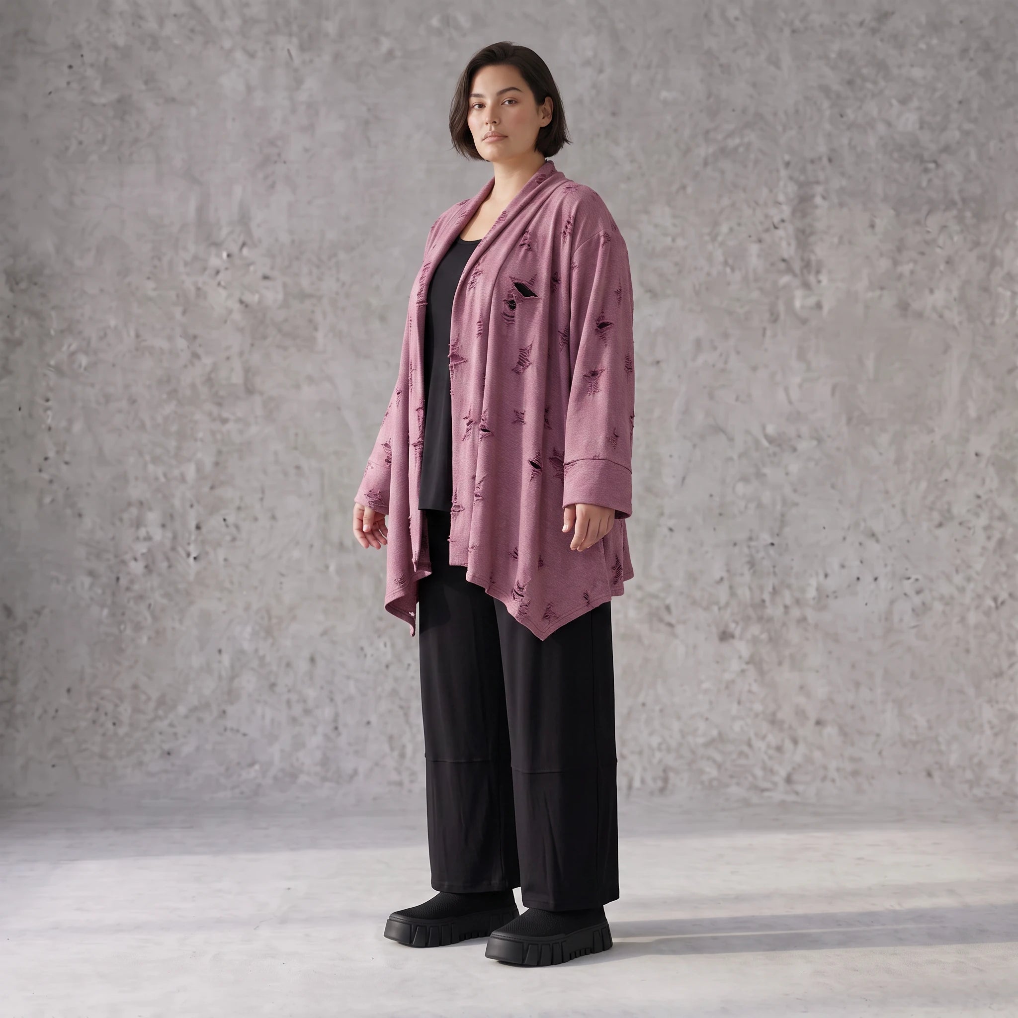 Weinroter Cardigan in A-Linie mit U-Ausschnitt Sternenmotiv im Destroyedlook Taschen