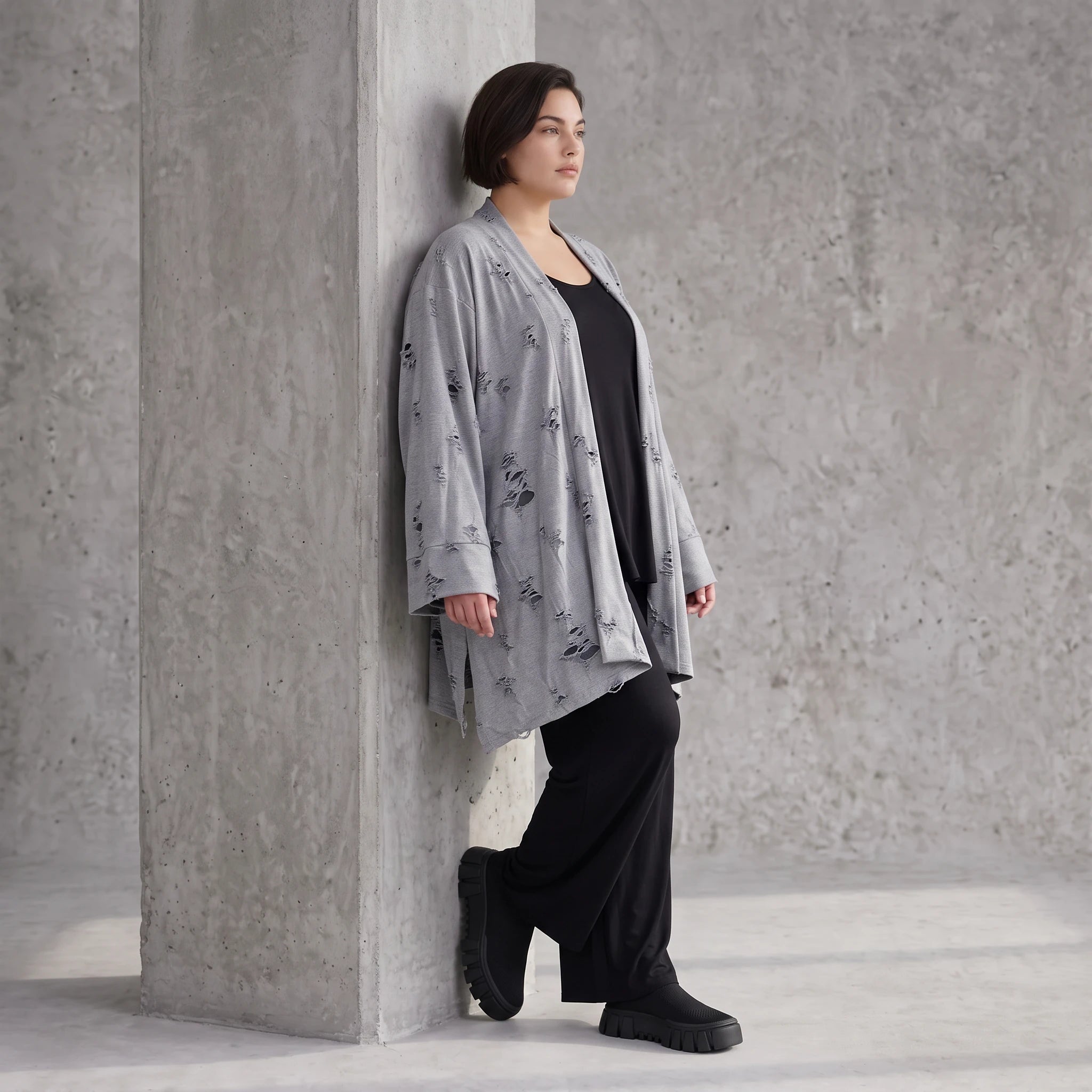 Cardigan aus staubgrauem Jersey mit Sternenmotiv in Destroyed Optik und offenem Schnitt
