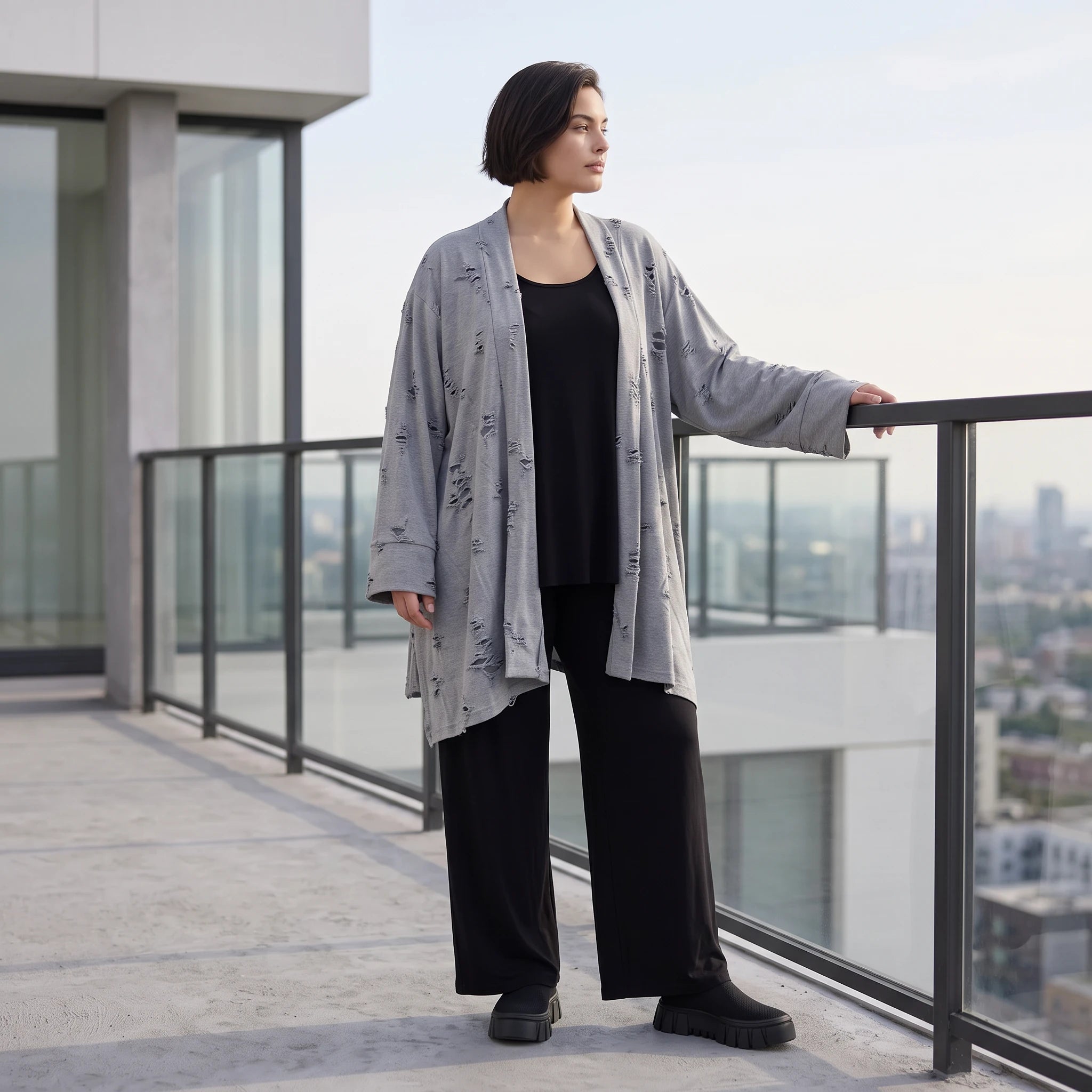 Cardigan aus staubgrauem Jersey mit Sternenmotiv in Destroyed Optik und offenem Schnitt