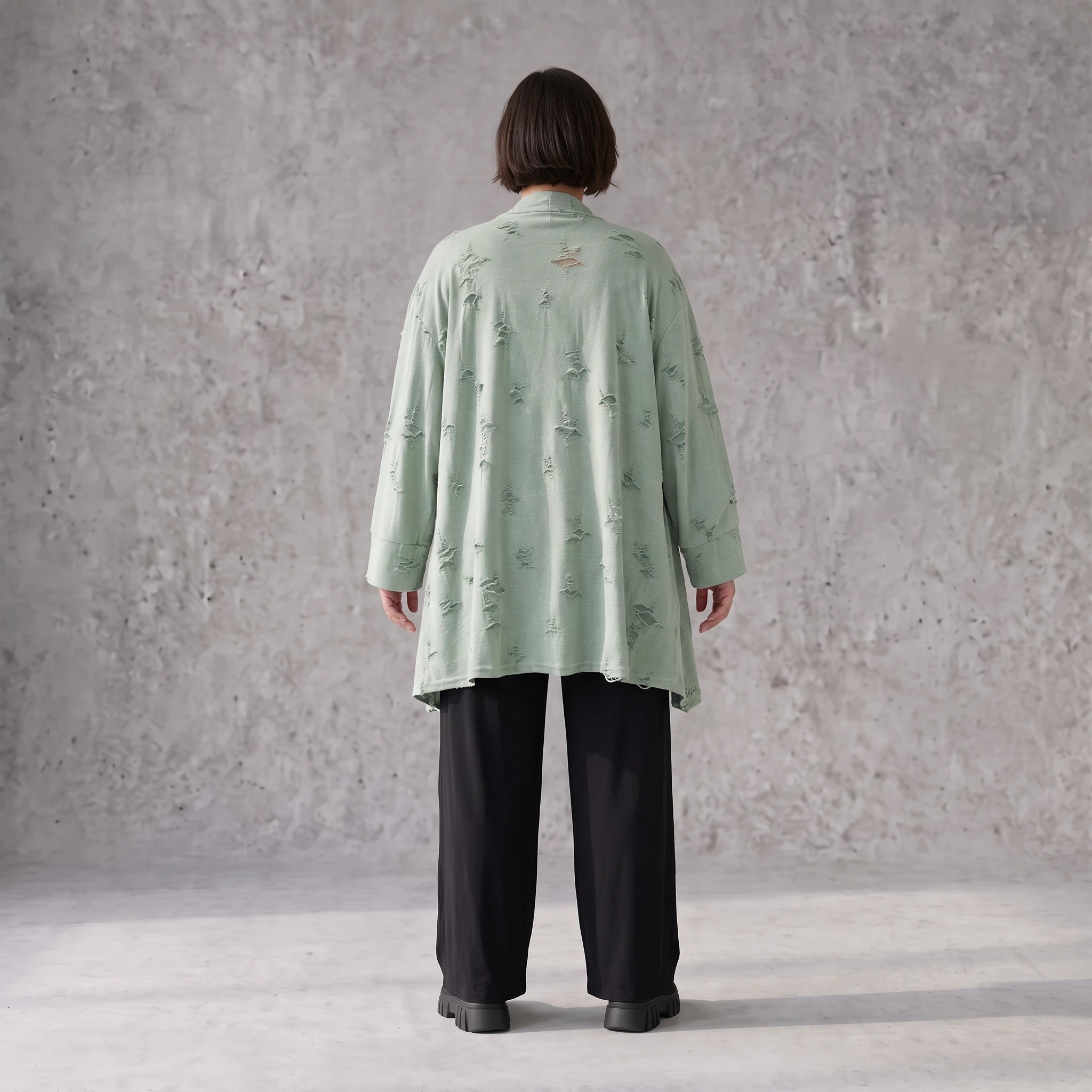 Pistaziengrüner Jerseycardigan in A-Linie mit Sternenmotiv aus Baumwolle und Elasthan
