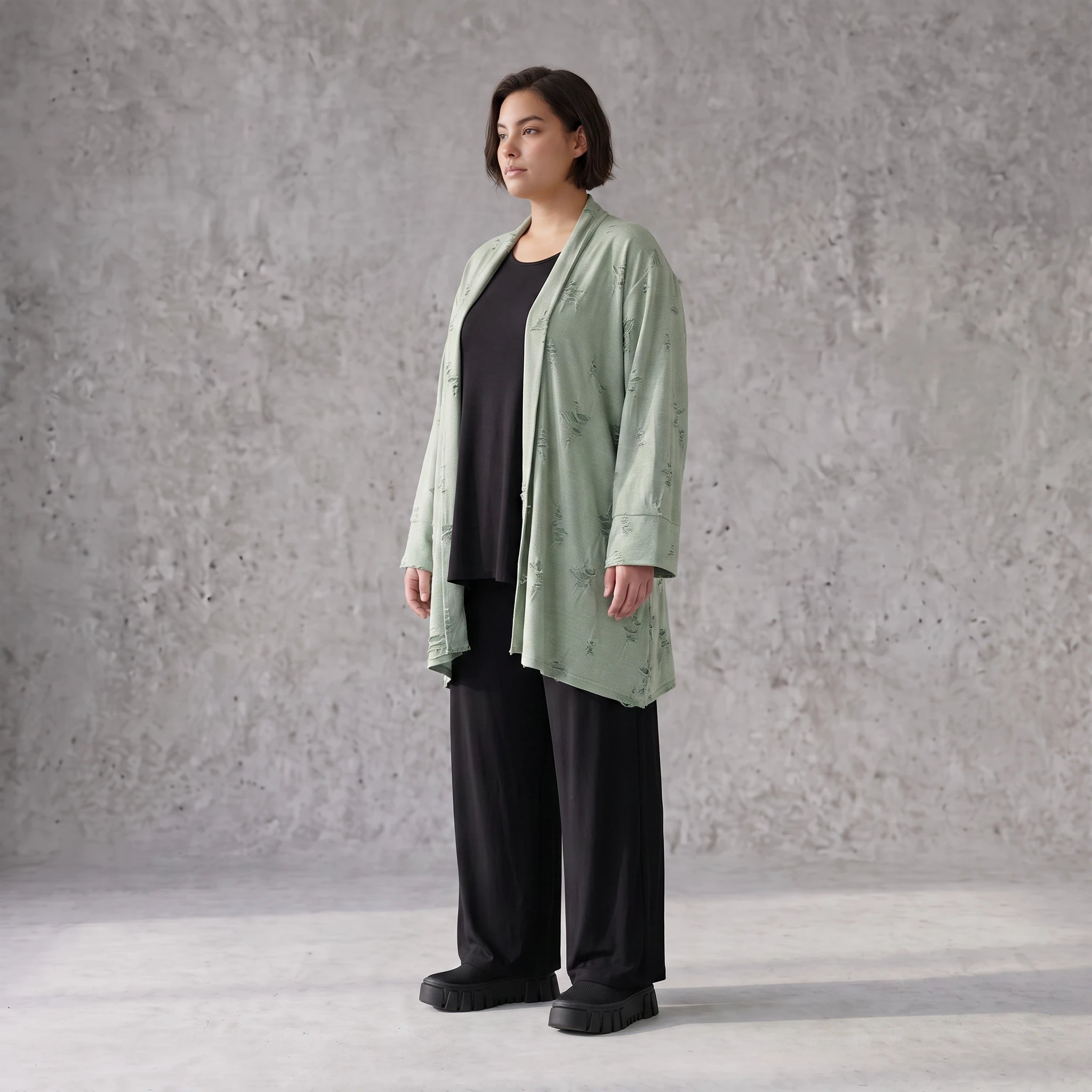 Pistaziengrüner Jerseycardigan in A-Linie mit Sternenmotiv aus Baumwolle und Elasthan