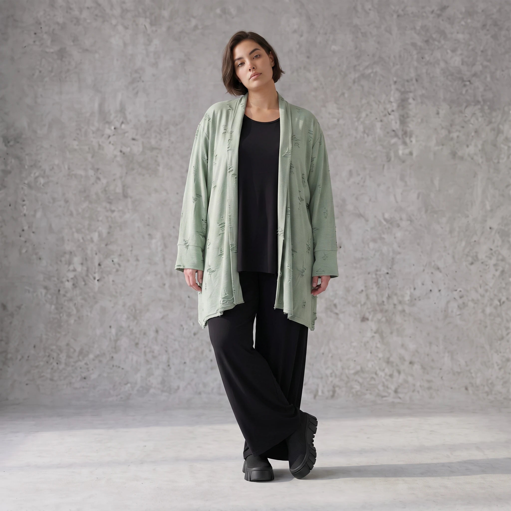 Pistaziengrüner Jerseycardigan in A-Linie mit Sternenmotiv aus Baumwolle und Elasthan