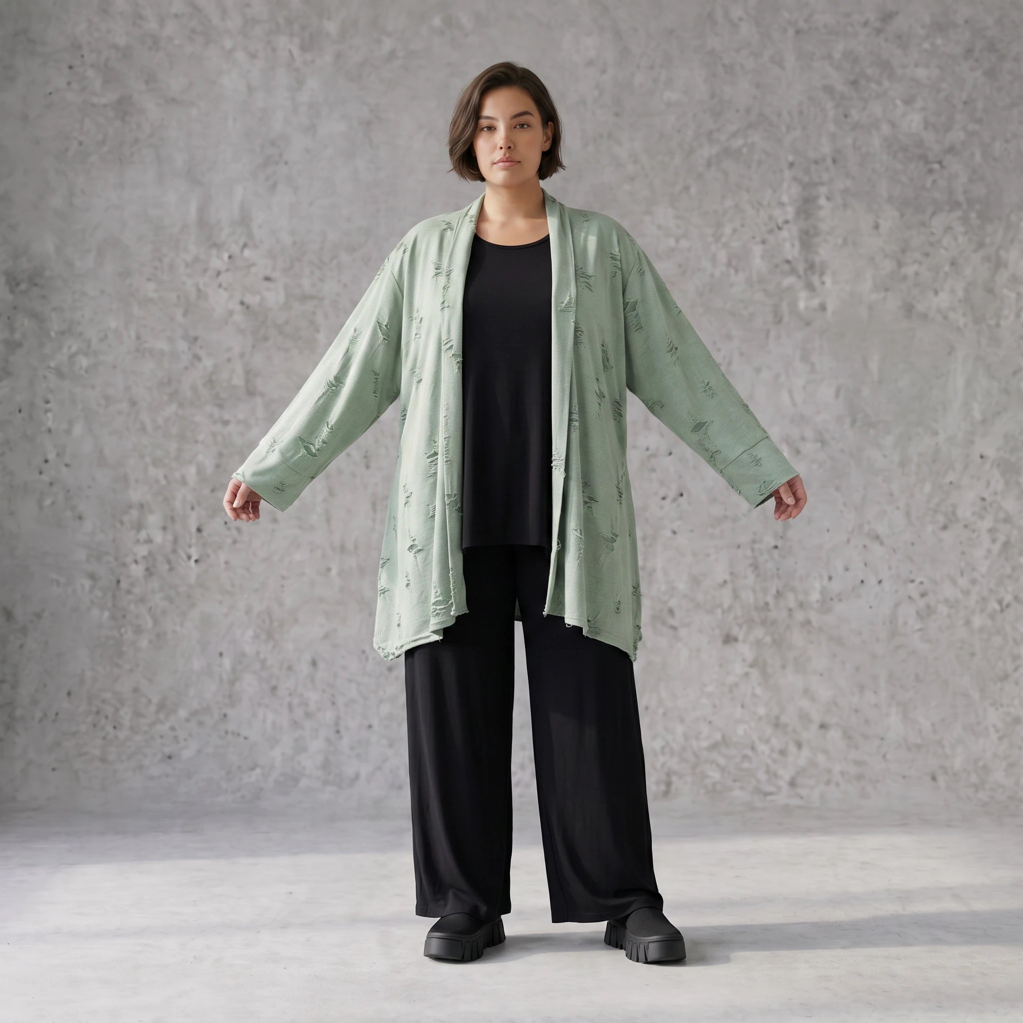 Pistaziengrüner Jerseycardigan in A-Linie mit Sternenmotiv aus Baumwolle und Elasthan