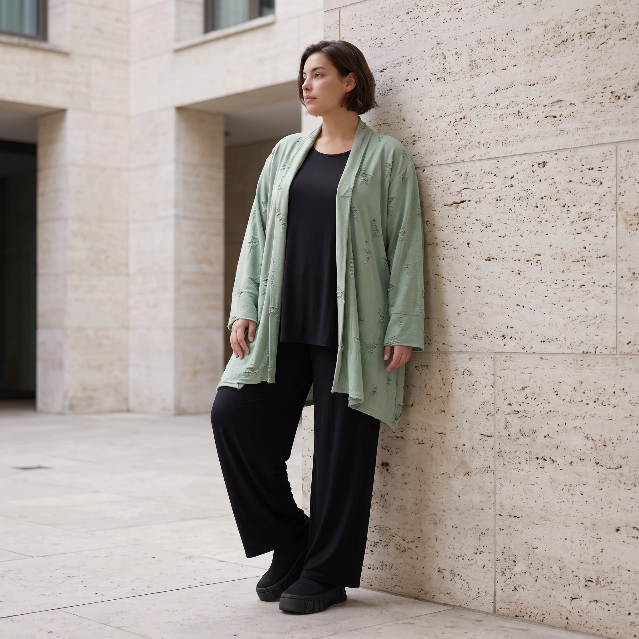 Pistaziengrüner Jerseycardigan in A-Linie mit Sternenmotiv aus Baumwolle und Elasthan