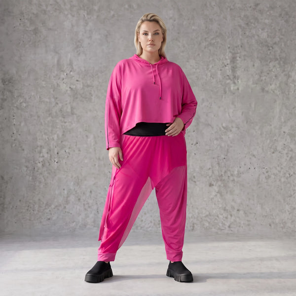 Fuchsia Hoody aus Travellersweat mit Stretch in kastiger Form und Kapuze mit Tunnelzug
