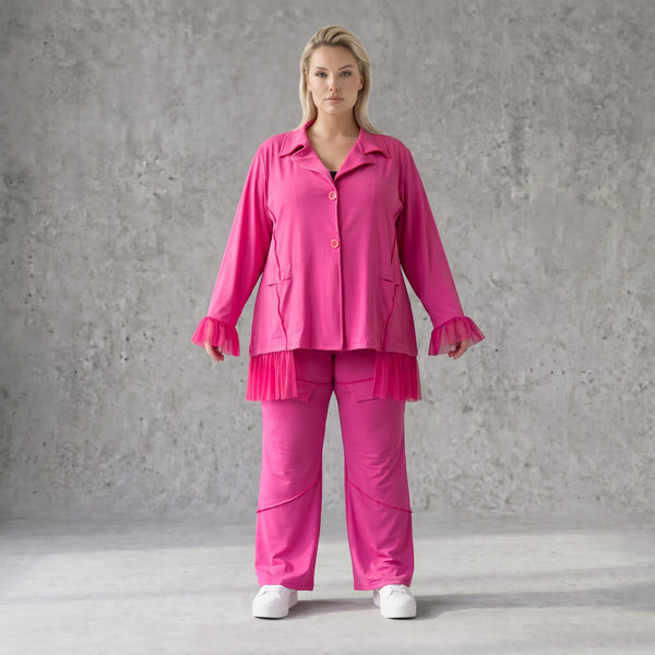 Fuchsia Travellerbluse mit Tüllbesatz und Overlocknaht leichte knitterarme Hemdbluse