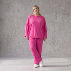 Langarmshirt in Fuchsia aus Travellerstoff mit Stretch kastig geschnitten mit Tunnelzug