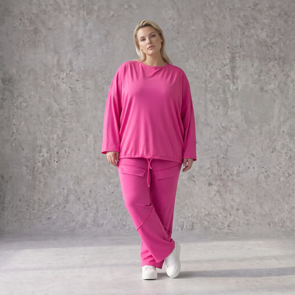 Langarmshirt in Fuchsia aus Travellerstoff mit Stretch kastig geschnitten mit Tunnelzug