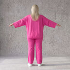 Langarmshirt in Fuchsia aus Travellerstoff mit Stretch kastig geschnitten mit Tunnelzug