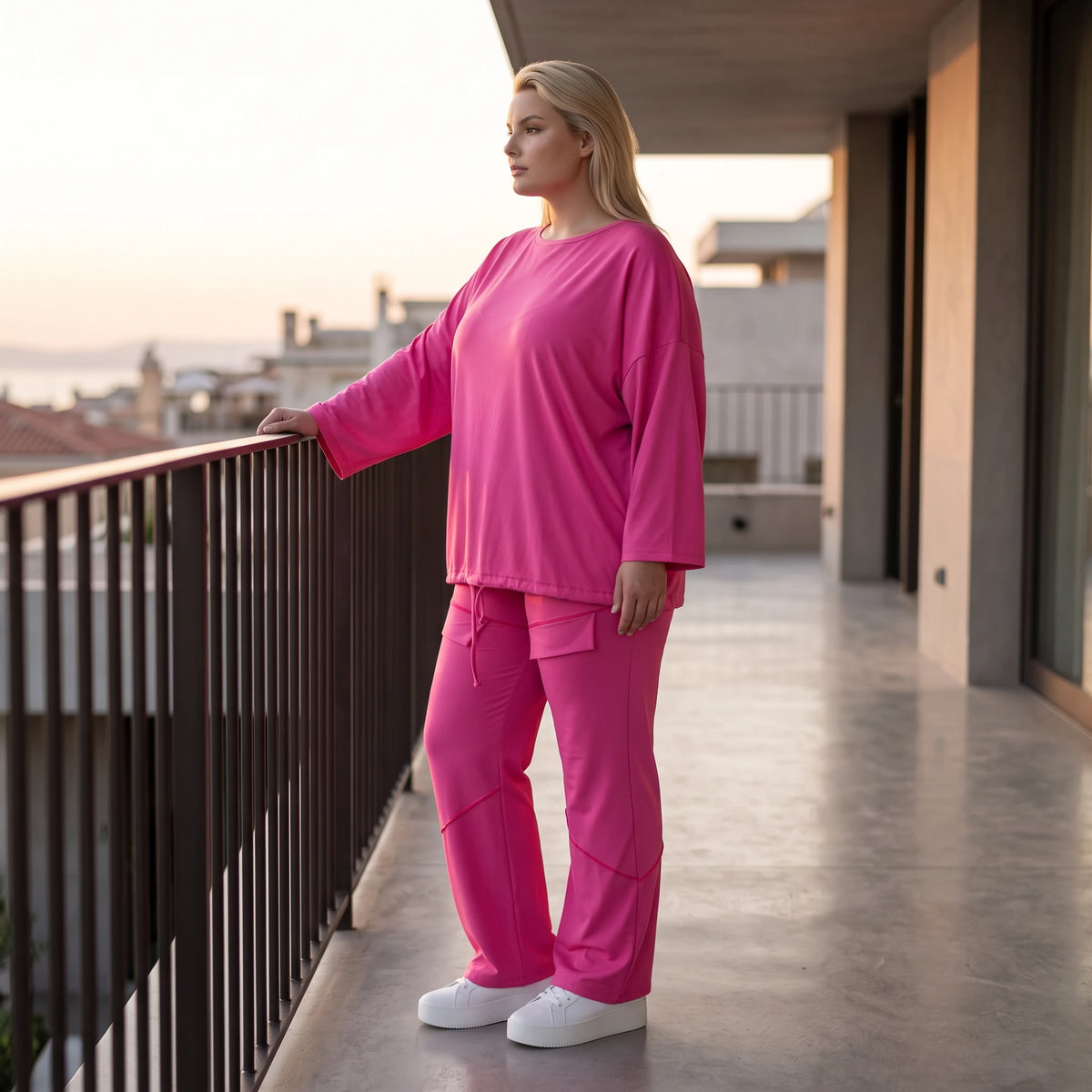 Langarmshirt in Fuchsia aus Travellerstoff mit Stretch kastig geschnitten mit Tunnelzug