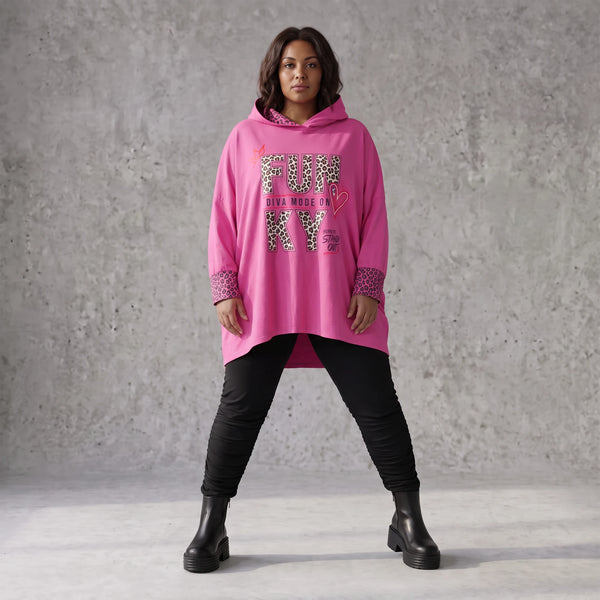 Pinke Leoprint Kapuzensweatjacke aus Baumwollmix mit French Terry und verlängertem Rücken