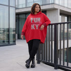 Roter Kapuzenpullover aus French Terry mit Leoprint Seitentaschen und Vokuhilasaum