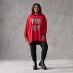 Roter Kapuzenpullover aus French Terry mit Leoprint Seitentaschen und Vokuhilasaum
