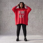 Roter Kapuzenpullover aus French Terry mit Leoprint Seitentaschen und Vokuhilasaum
