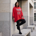 Roter Kapuzenpullover aus French Terry mit Leoprint Seitentaschen und Vokuhilasaum