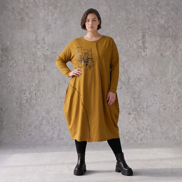French Terry Kleid in OldCamel mit Elasthan in Ballonform locker weich Made in Italy