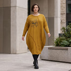 French Terry Kleid in OldCamel mit Elasthan in Ballonform locker weich Made in Italy