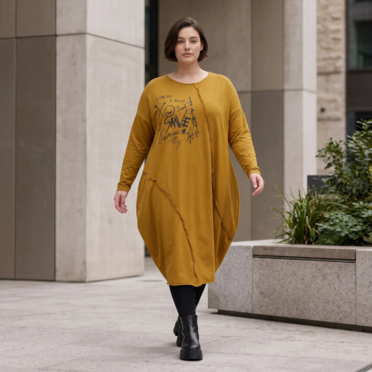 French Terry Kleid in OldCamel mit Elasthan in Ballonform locker weich Made in Italy