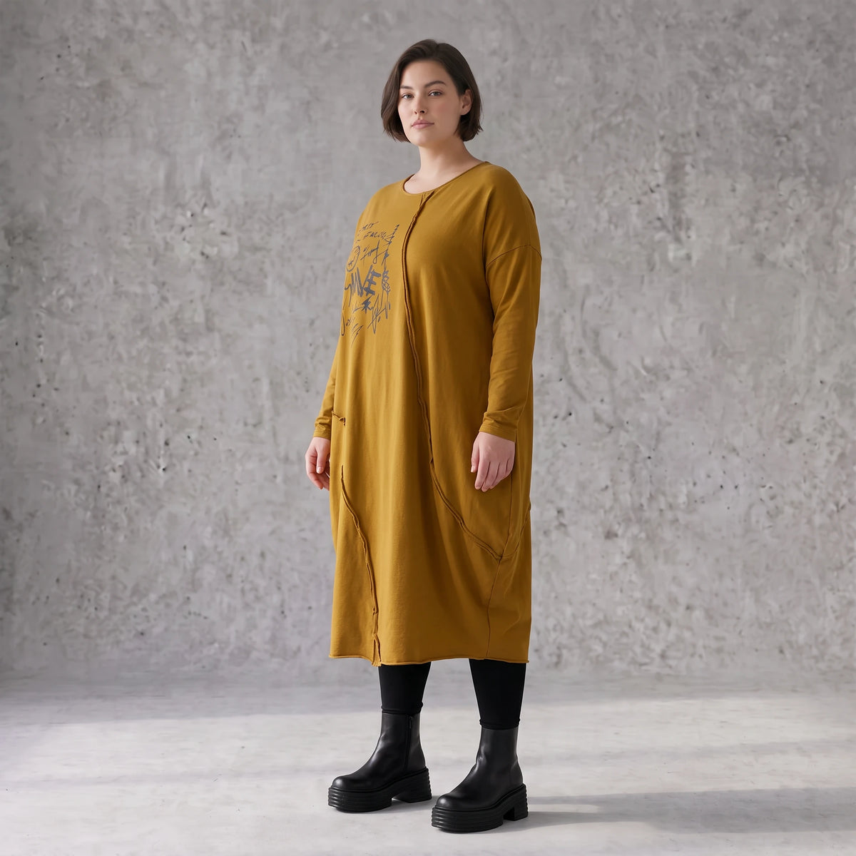 French Terry Kleid in OldCamel mit Elasthan in Ballonform locker weich Made in Italy