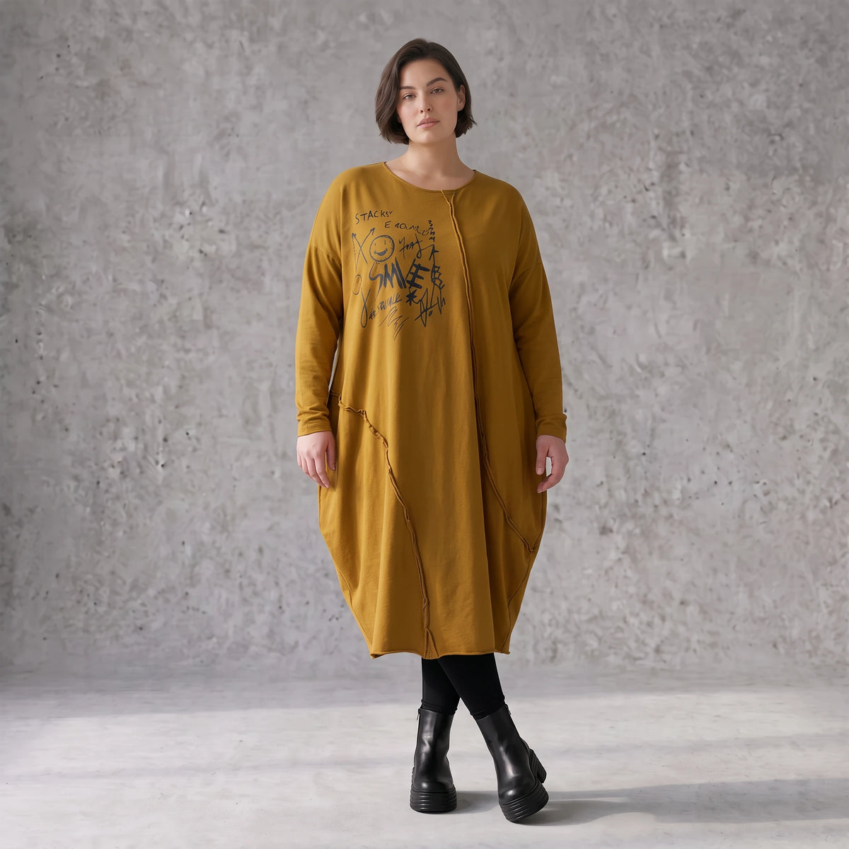 French Terry Kleid in OldCamel mit Elasthan in Ballonform locker weich Made in Italy