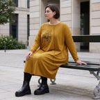 French Terry Kleid in OldCamel mit Elasthan in Ballonform locker weich Made in Italy