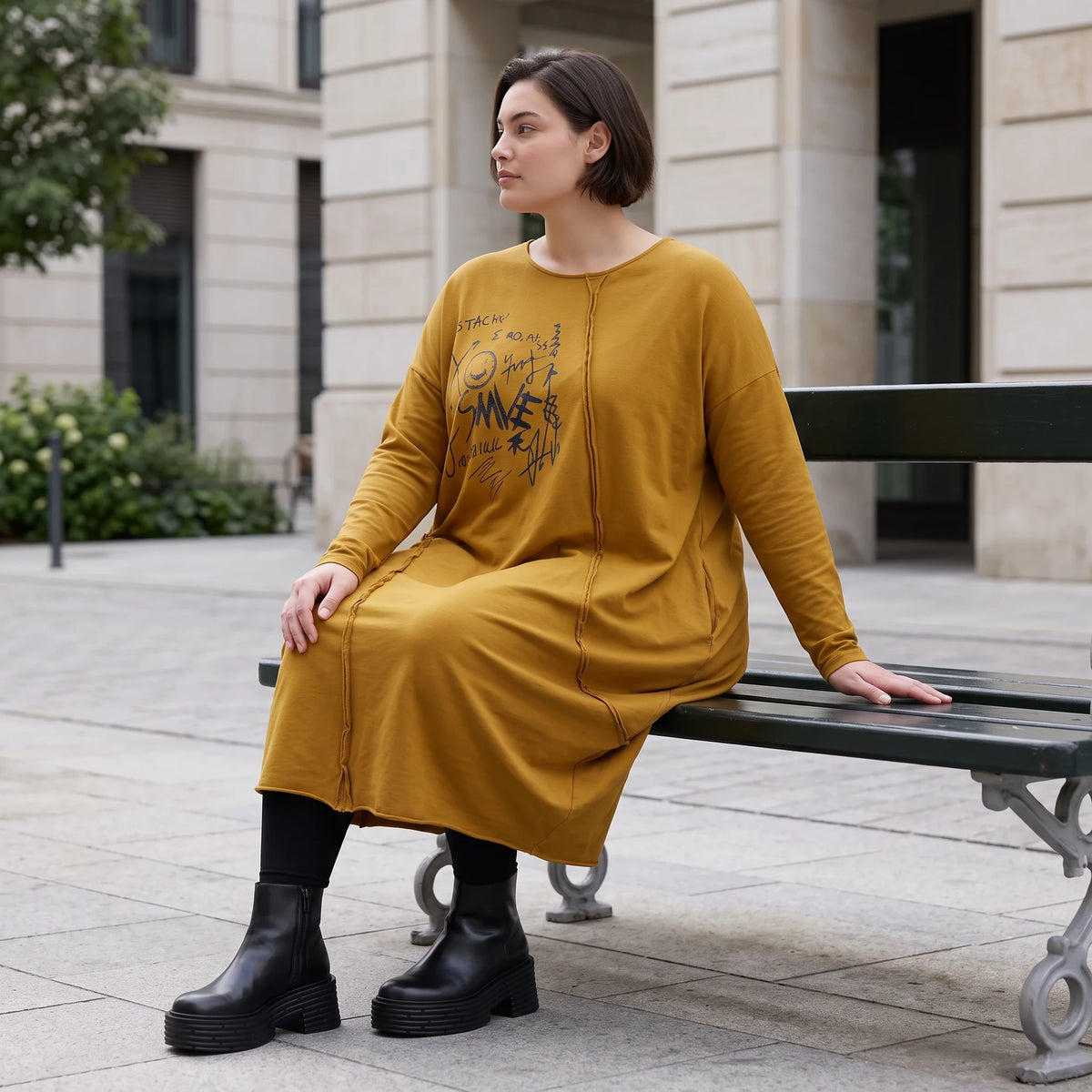 French Terry Kleid in OldCamel mit Elasthan in Ballonform locker weich Made in Italy