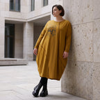 French Terry Kleid in OldCamel mit Elasthan in Ballonform locker weich Made in Italy