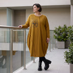 French Terry Kleid in OldCamel mit Elasthan in Ballonform locker weich Made in Italy