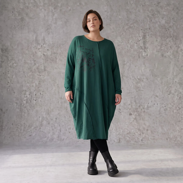 Ballonkleid in OldGreen aus French Terry mit Rundhals und Langarm mit Seitennahttaschen