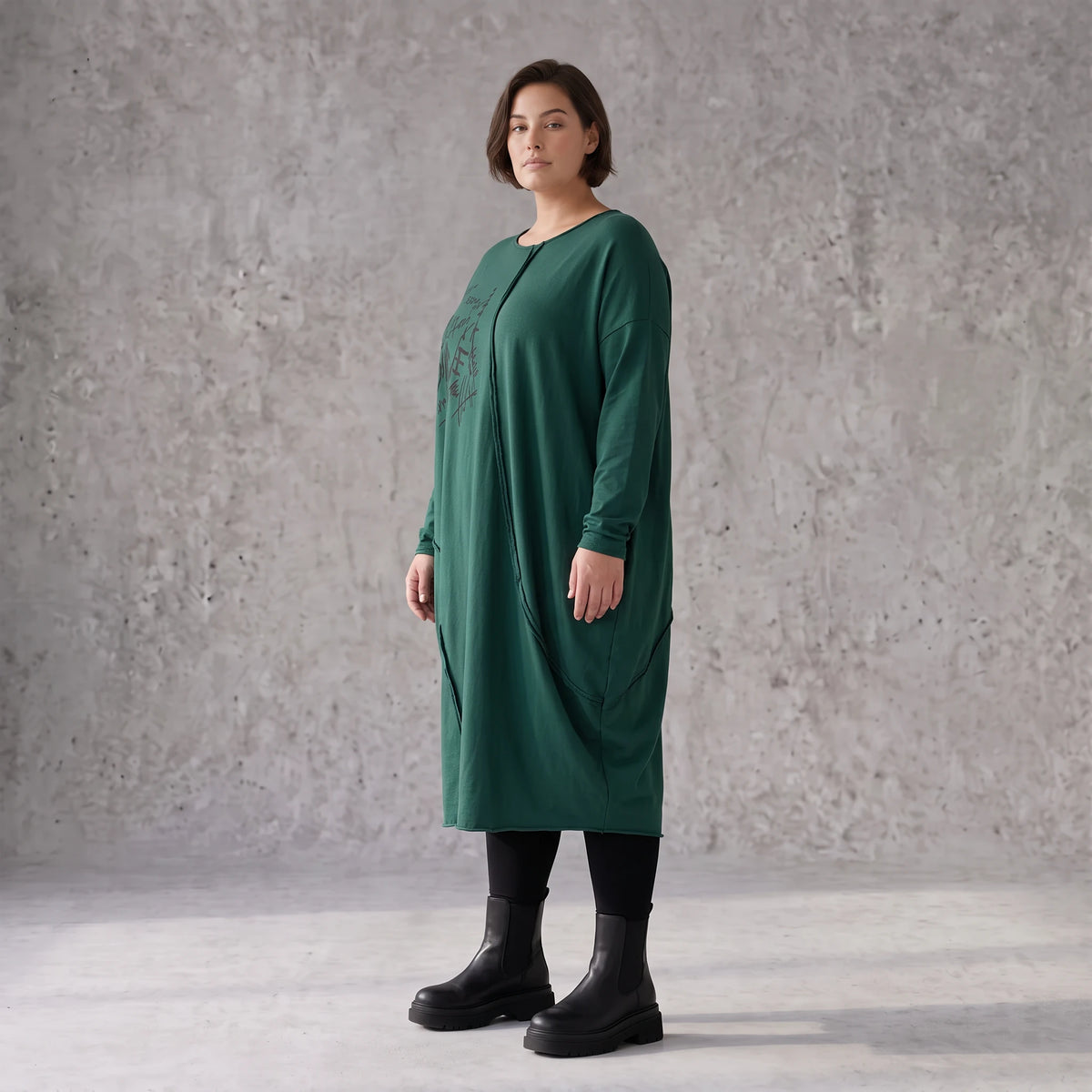 Ballonkleid in OldGreen aus French Terry mit Rundhals und Langarm mit Seitennahttaschen