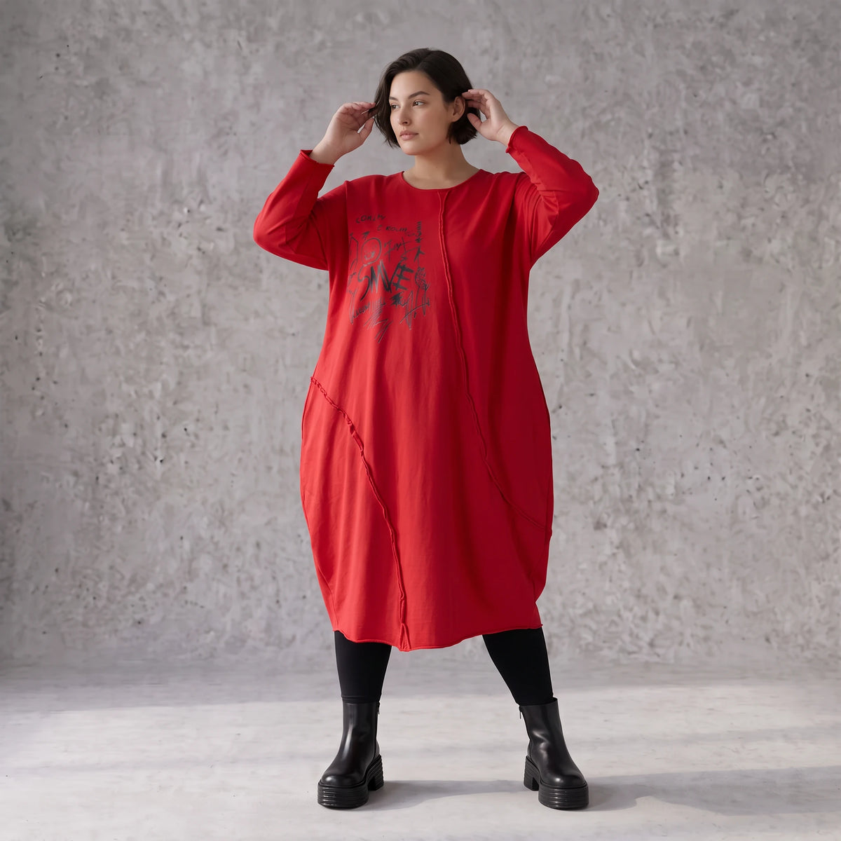 Altrotes French Terry Kleid in Ballonform mit Faltennahtmusterung und Seitentaschen