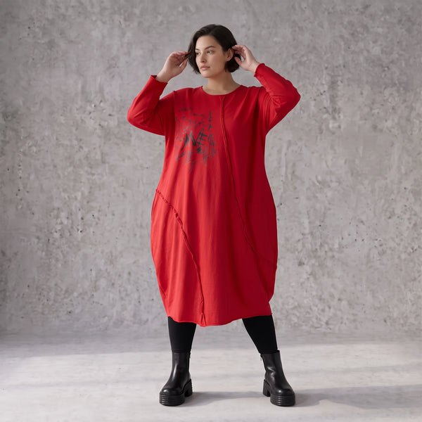 Altrotes French Terry Kleid in Ballonform mit Faltennahtmusterung und Seitentaschen